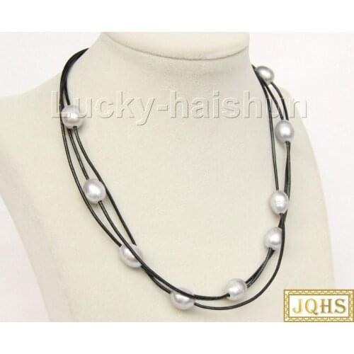 Adjustable 3row gray freshwater pearls black leather necklace j9927
