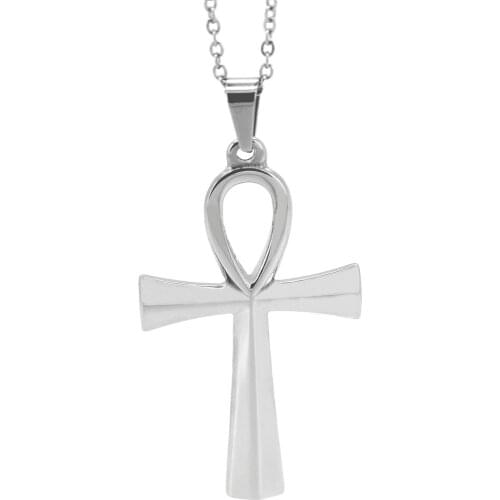RINYIN Women Fashion Jewerly High Quality Polish Egyptian Ankh Cross Pendant Stainless Steel Necklace Links Chain 18"