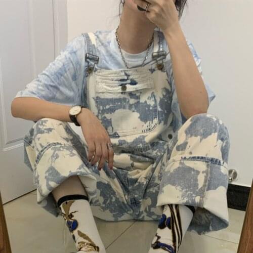 S-4XL European Summer New Large Size Loose Tie-dye Wide-leg Pants All-match Denim Overalls Women Playsuits Fashion Streetwear