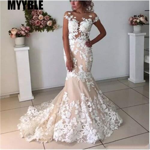 MYYBLE Champagne Mermaid Wedding Dresses Backless 2021 Robe de mariee Vintage Lace Bridal Gown Lace Up Back cheap contrast color