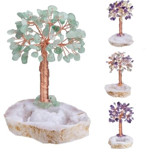 TUMBEELLUWA 3.5''Handmade Multicolor Crystal Lucky Money Tree,Natural Crystal Geode Drusy Slice Base Bonsai Sculpture Home Decor