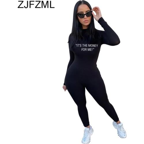 Letter Print Streetwear Rompers Womens Jumpsuit Mock Neck Full Sleeve Party Club Bodysuit Fashion Female Slim One Piece Overall