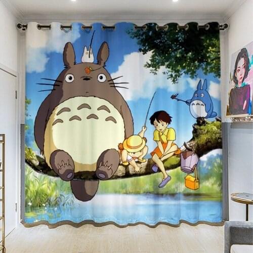 Cartoon 3D Totoro Blackout Curtains for Boys Girls Kids Bedroom Cute Totoro Sitting on Trees 3D Printed Curtain for Kindergarten