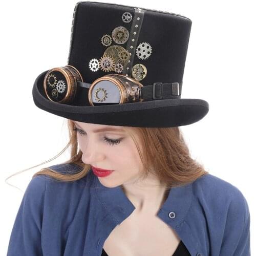 Women Men Black Wool Steampunk Top Hat With Handmade Steam Punk Glasses Gear Fedora Party Hat Top 15CM 4 Size