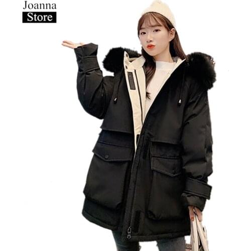 Winter New Women Parka Long Warm Hooded Cotton Clothing Long Sleeve Fur Collar Black Jacket Oversize Fluffy White Casual parkas
