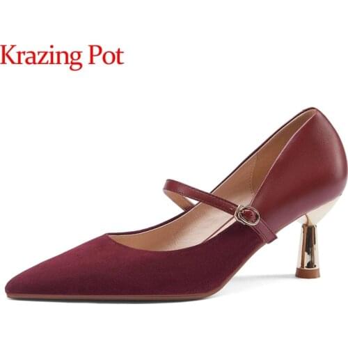 Krazing Pot 2021 spring new arrival sheep suede pointed toe strange high heels buckle strap brand shoes fashion women pumps L42