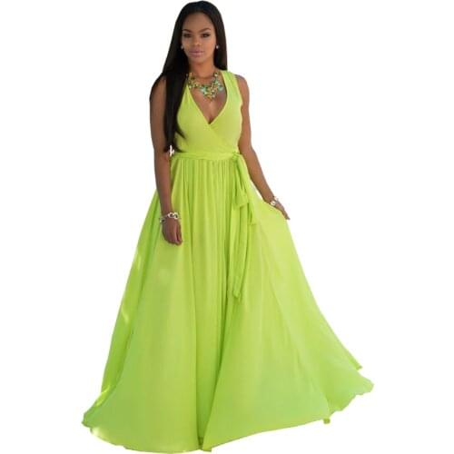 Elegant Big Swing Pleated Dress Women V Neck Sleeveless Maxi Dresses White Green Split Chiffon Long Dress Vestido Longo S2628