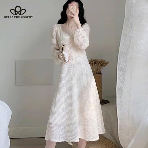 Bella Philosophy New Summer Solid Women Elegant Dress Ladies High Waist Square Collar Dresses Female White A-line Vestidos