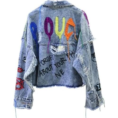 2021New Womens Denim Jacket Coat Spring Autumn Jeans Jackets Women Coats Female Denim Jacket Graffiti Rivet tassel Outerwear