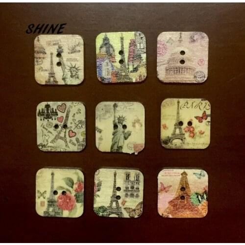 30pcs Square Wood Buttons Eiffel Tower Painting Sewing Scrapbooking Gift Home Clothing Handwork Decor Card Making DIY 20mm