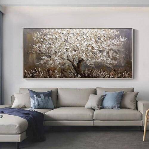 Abstract Oil Painting Wall Art On Canvas White Tree Landscape 100% Handmade Modern For Living Room Bedroom