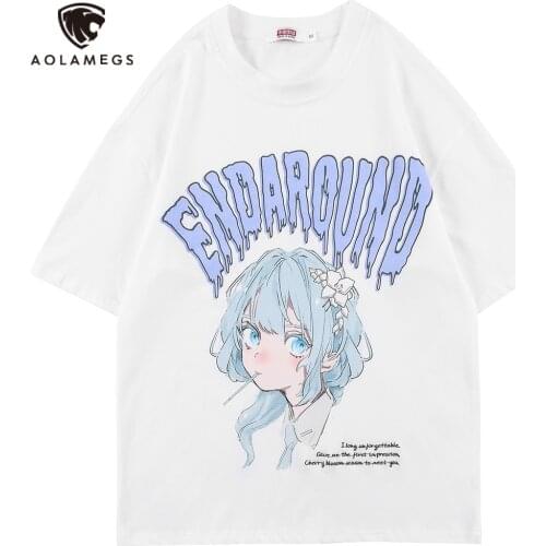 Aolamegs Anime Girl Print Letter Embroidery T-shirt Men Casual Baggy Japanese Harajuku College Style Tee Tops Summer Streetwear