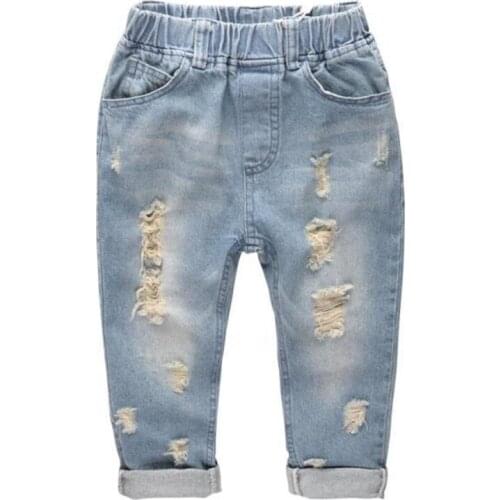 Boys Trousers Childrens Clothing SummerHoles Jeans Casual Pants Mid Waist Girls Denim Pants