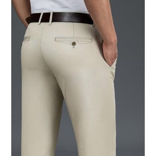 Summer Business Casual Thin Breathable Trousers Mens Solid Color Stretch Straight Pants Male Loose Comfortable Cotton Trousers