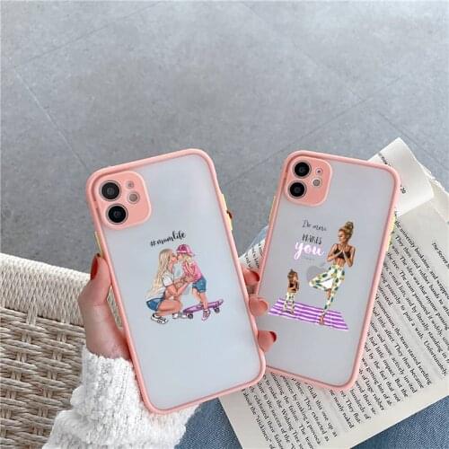 Mom and baby Phone Case For iPhone 12 11 Mini Pro XR XS Max 7 8 Plus X Matte transparent Pink Back Cover