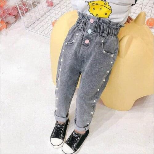 2-8Years Girls' Jeans Spring Autumn 2021 New Childrens Trousers Cartoon Elastic High Waist Casual Denim Pants For Kids Clothes