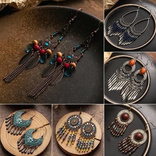 Ethnic Long Tassel Earrings For Women Vintage Beads Brincos Ear Big Drop Earrings 2019 Female Fashion Boho Jewelry Wholesale