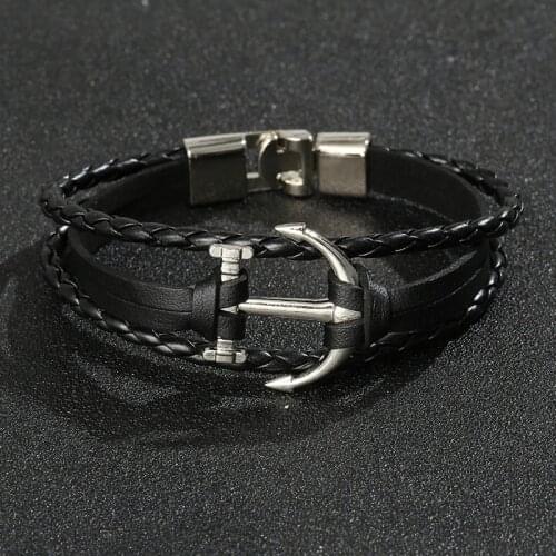 JUNWEI New Fashion Alloy Anchor Bracelet Mens Casual Personality Leather Bracelet Retro Punk Bracelet Biker Bracelet