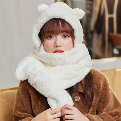 Korean Pop Women Winter Novelty Hats Warm Cute Bear Ear Windproof Neckerchief Thick Warm Female Outdoor Solid Fleece Cap Scarf