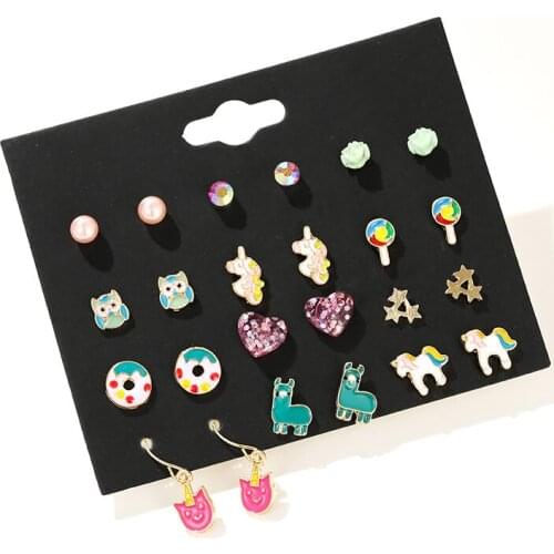 Cute Earrings Set 12 Pairs Stud Earrings Rainbow Animal Horse Flowers Earrings Women Fashion Jewelry Wholesale