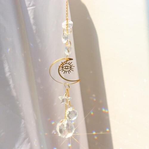 Moon Ring Wind Chimes Rainbow Chaser Crystal Suncatcher Hanging Prism Pendant Ornament Home Garden Car Decor Wind Chime Pendant