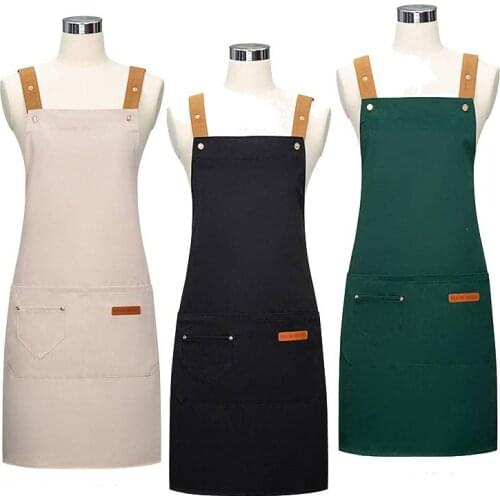 New Fashion Unisex Work Apron For Men Canvas Black Apron Bib Adjustable Cooking Kitchen Aprons For Woman With Tool Pockets