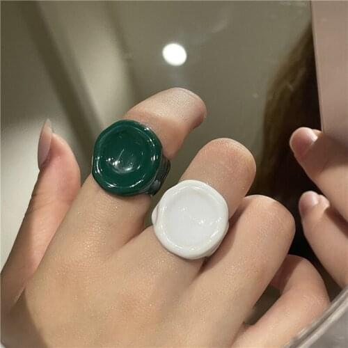 Origin Summer Charming White Green Color Enamel Rings for Women Chunky Irregular Geometric Adjustable Open Ring French Jewelry