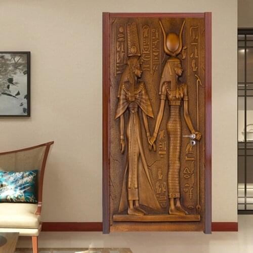 European Style Retro Door Sticker 3D Egyptian Sculpture Wallpaper Living Room Kitchen PVC Waterproof Home Decal Vinyl Door Mural