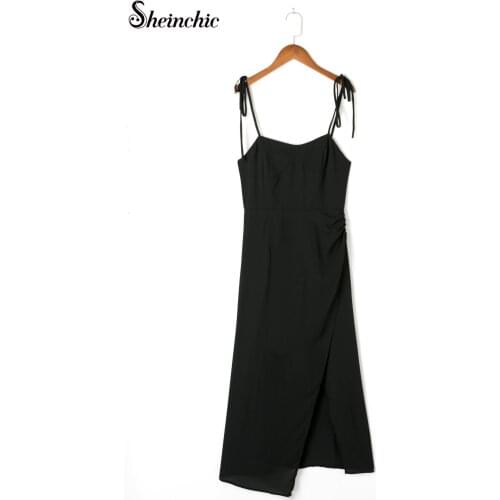 Sexy Elegant Ruffles Spaghetti Strap Midi Dresses for Women Summer Black Vestido De Mujer