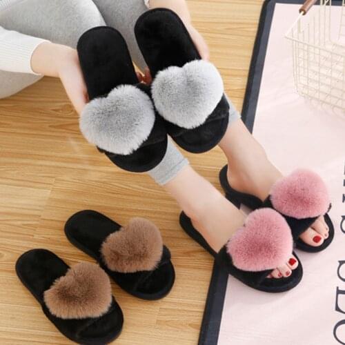 BODENSEE Women Slippers Women Love Heart Cotton Slippers Winter Non-Slip Floor Home Furry Slippers Women Shoes For Bedroom