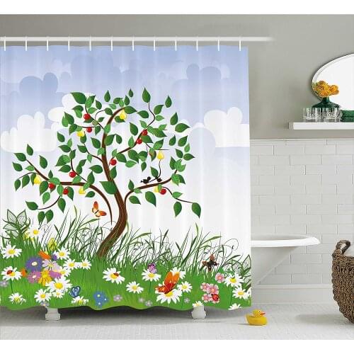 Nature Shower Curtain Cartoon Landscape Forest Garden Cherry Tree and Colorful Spring Flowers Butterflies Bath Curtains