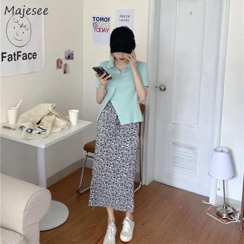 Sets Women Floral Midi Skirts Cropped T-shirts Empire Asymmetrical Knitting Drawstring Elegant Short Sleeve All-match Casual