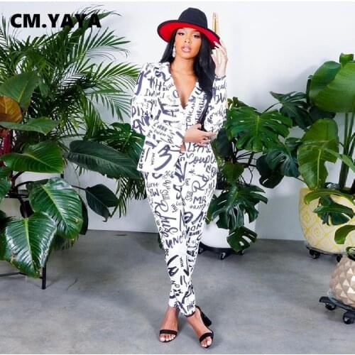 CM.YAYA Full Sleeve Ankle-length Pant Letter Print 2 Piece Set Women Turn-down Collar Back Hollow Out Two Piece Outfit Spring