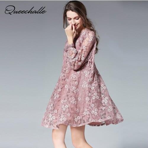 Queechalle Elegent Petal Collar Long Sleeve A-line Lace Dresses for Women XL XXL XXXL 4XL Plus Size Hollow Out Sweet Party Dress