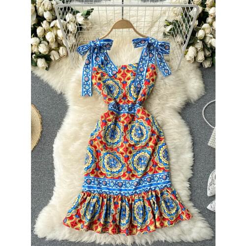 2021 Summer Fashion New Retro Vestidos Female Print Bow Decoration Square Neck Strap Midi Dress GK600