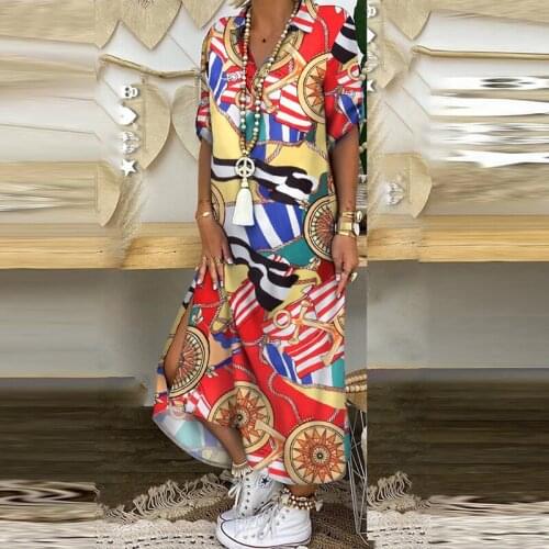 New spring and summer elegant ladies fashion printing ethnic style loose printed dress casual 3/4 sleeve loose ladies dress