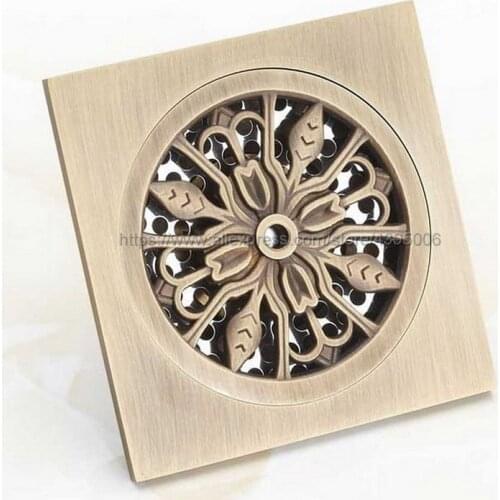 4 Inch Square Antique Brass Flower Carved Art Drain Bathroom Shower Waste Drainer Bhr020