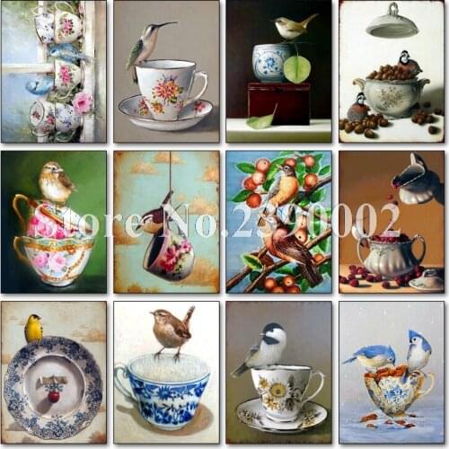 5D Diamond Painting Sunset Birds And Teacups Posters Square Rhinestone Picture Cross Stitch Kits Diy Diamond Embroidery Gift