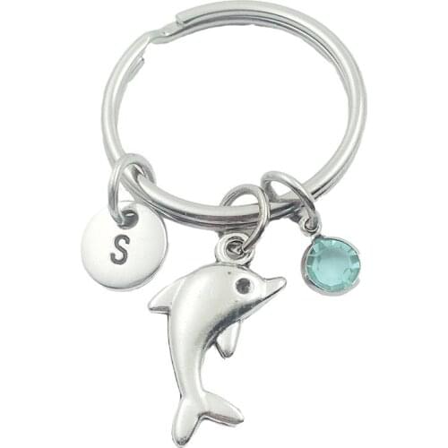 Dolphin Animal Initial Letter Monogram Birthstone Keychains Keyring Creative Fashion Jewelry Women Gifts Accessories Pendant