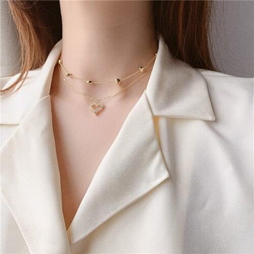 Elegant Gold Color Multi-layer Heart-shape Pendant Clavicle Chain Necklace Crystal Beaded Pearl Short Necklace Women Jewelry