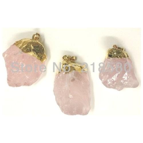 H-RQP12 10pcs Raw Rose Pink Quartz Point Stone Pendant Gold Electroplated about 30-45mm Long