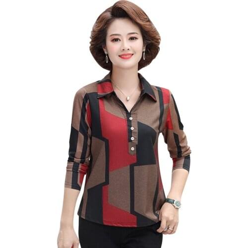 Turn-Down Collar Tee Shirts Femme Long Sleeve Tops Plus Size 5XL Women Spring Fall Pullover T-Shirts Middle Aged Mother Clothing
