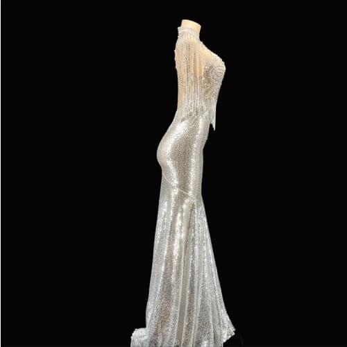 Custom Robe Anniversary Birthday Flashing Rhinestones Fringe Luxry Evening outfit Party Prom Wear tee dress 2 style Singer