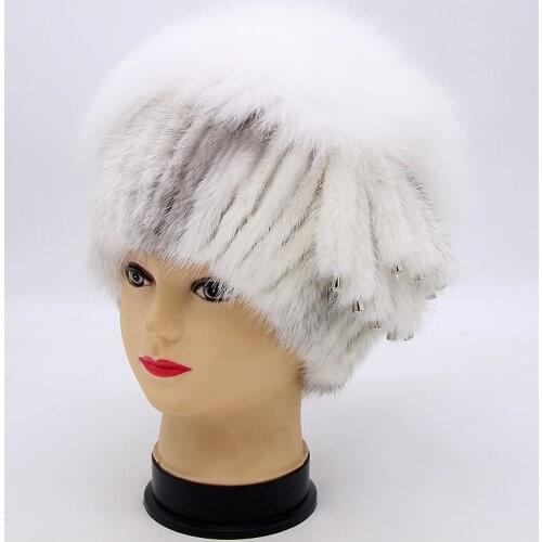 JKP Real Mink Fur Beanie Cap Women Hat Winter New Fashion Warm Natural Fox Fur Hair With Tail Cute Thicken Beanie Hat
