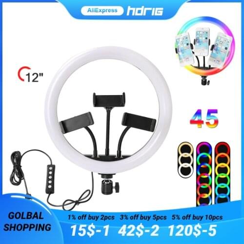 HDRiG 12" RGB LED Ring Light With Three Smartphone Clip For Live Stream