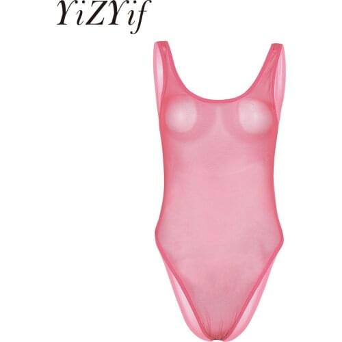 Women Fashion One-piece Sexy Mesh See-through Bodysuit Sleeveless High Cut Stretchy Solid Leotard Sleepwear Nightwear Bodysuit