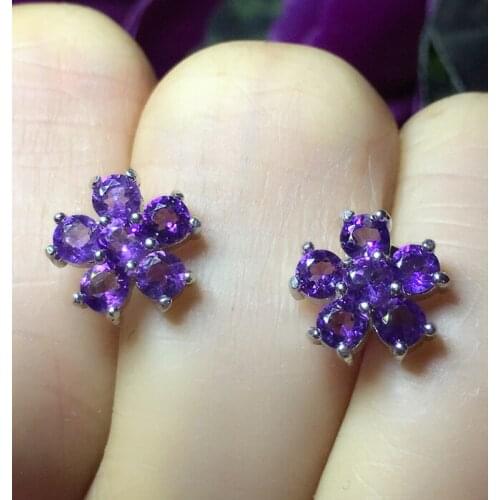 Fashion Silver Flower Stud Earrings with Gemstone 3mm Natural Amethyst Earrings for Daily Wear 925 Silver Amethyst Jewelry