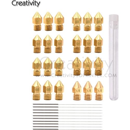 24 PCS MK8 Nozzles Set Cleaning Needle M6 Brass Extruder 0.2 0.3 0.4mm 0.5 0.6 0.8 1.0mm Hotend Nozzles Fit 1.75mm 3D Printer