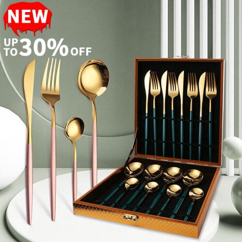 16PCS Stainless Steel Cutlery Set Bright Knives Forks Coffee Spoons Flatware Kitchen Tableware High-End Exquisite Gift Box Sets