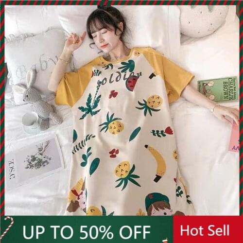 2020 New Red Blue Girls Print Cotton Nightdress Cute Long Sleeve Loose Sleepwear O-Neck Winter Fashion Ladies Cartoon Loungwear